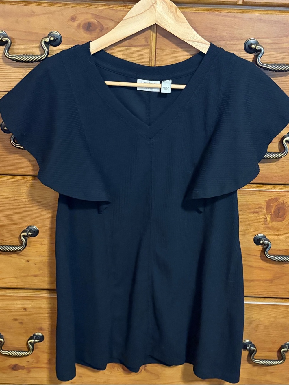LOGO by Lori Goldstein Black V-Neck Flutter Sleeve Top